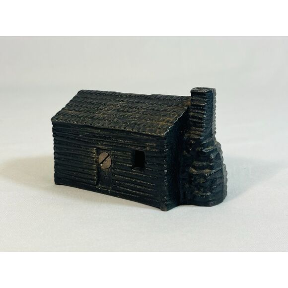 Vintage Cast Iron Log Cabin Still Bank--by Cornelius Bergbower w/ Paper Label - Picture 1 of 11